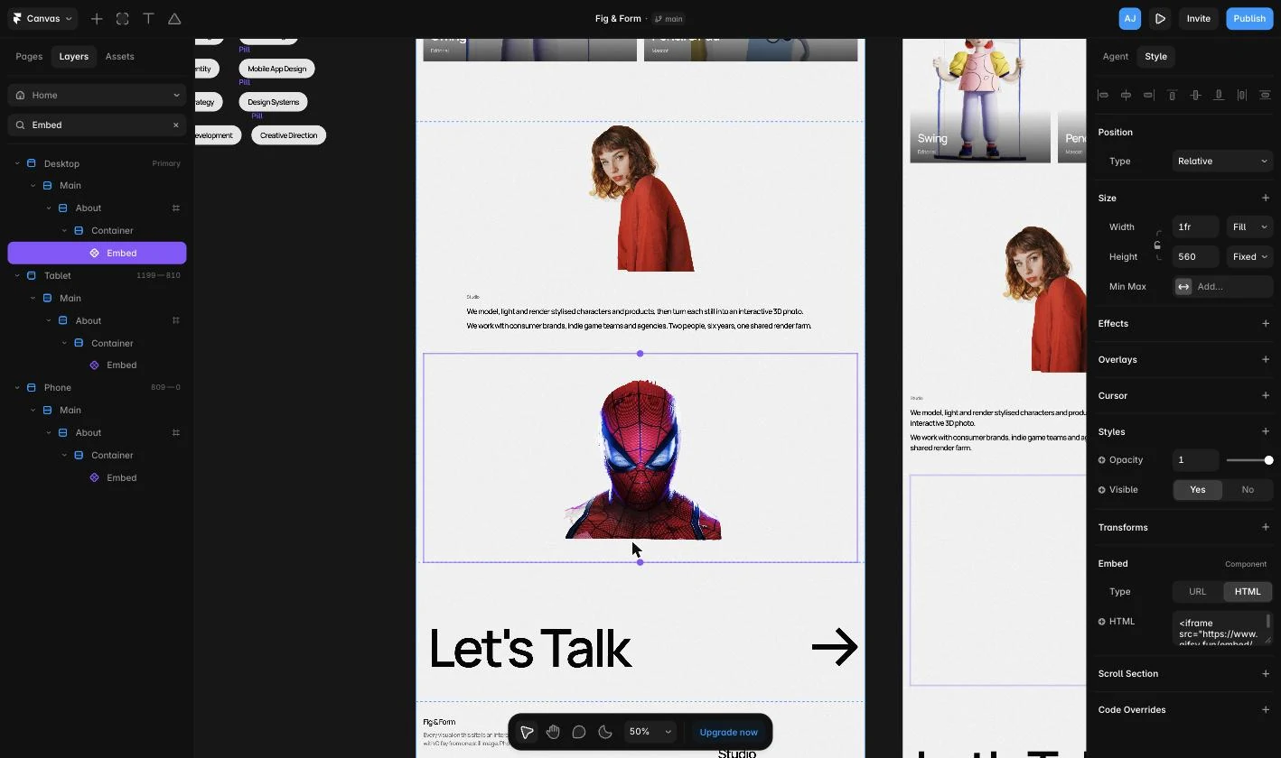 Framer editor with an Embed layer selected: the Gifsy 3D photo renders on the canvas and the properties panel shows Type: HTML with the iframe snippet