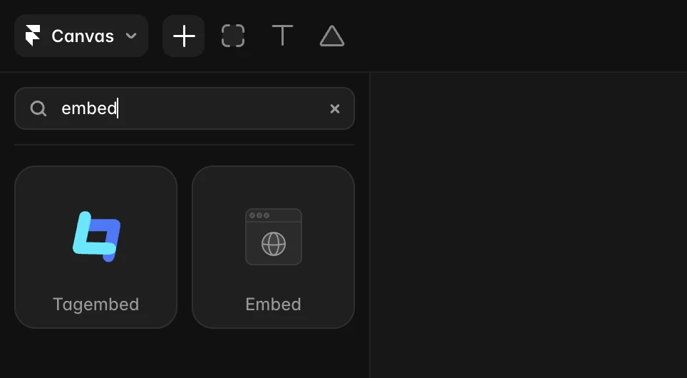 Framer's Insert panel with 'embed' typed in the search field, showing the Embed component tile
