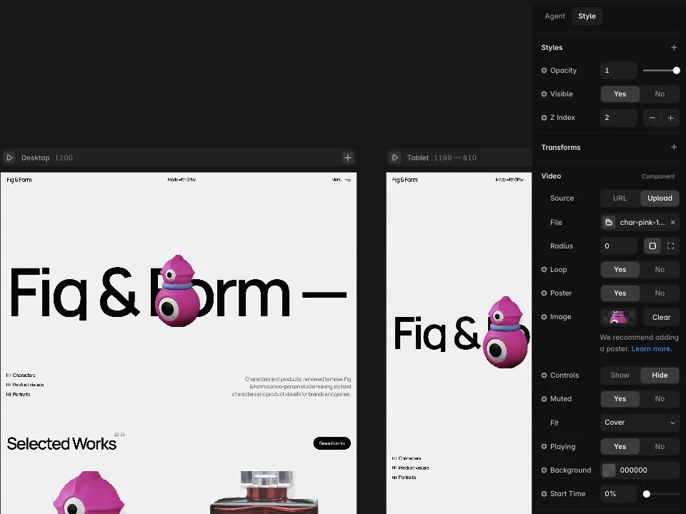 Framer's Video component properties: Source set to Upload with a .webm file, Loop and Muted on, Controls hidden, Fit Cover, Poster image set; the transparent character renders over the page's ticker text