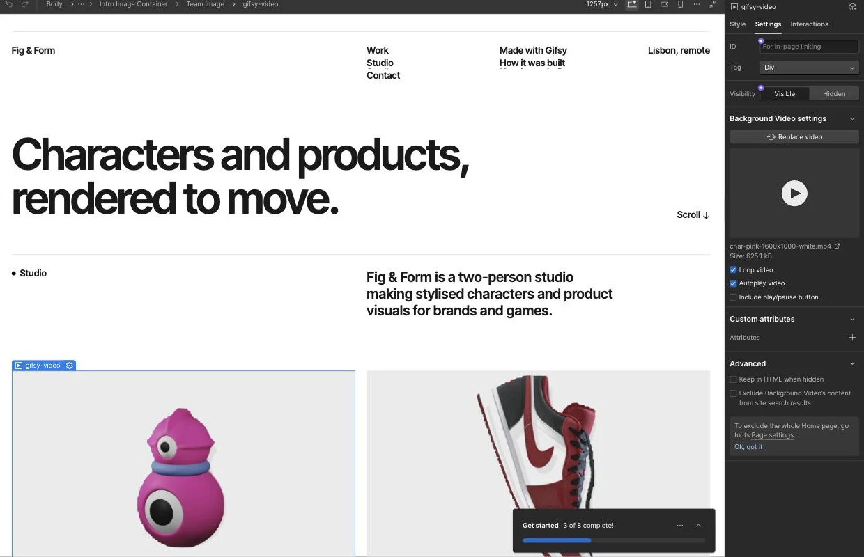 Webflow Designer with a Background Video element selected in the hero; the Settings panel shows Replace video, the uploaded char-pink-1600x1000-white.mp4 at 625 KB, Loop video and Autoplay video checked, and Include play/pause button unchecked