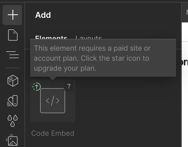 Webflow Add panel with 'embed' searched: the Code Embed tile is greyed out with an upgrade star and the tooltip 'This element requires a paid site or account plan. Click the star icon to upgrade your plan.'